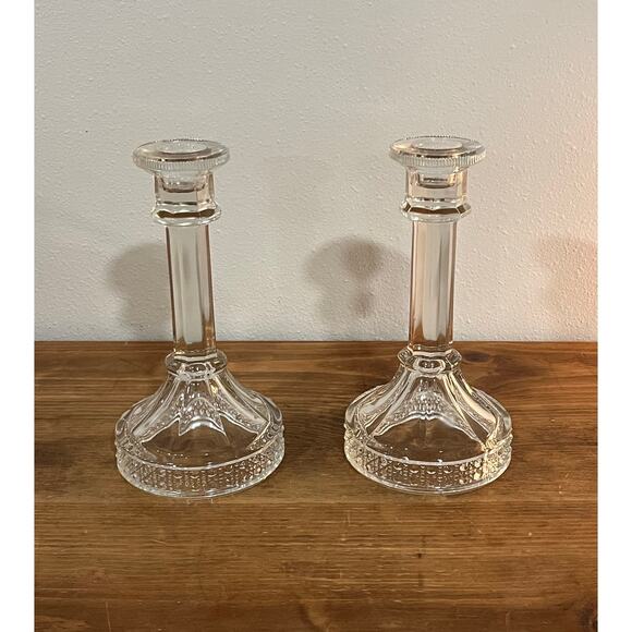 Vintage Pressed Glass Candlestick Holders Pair 7 Inch Taper Candle Holders - Picture 2 of 11